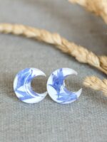 Dainty Crescent Moon Earrings Stud with Pressed Flowers in Resin