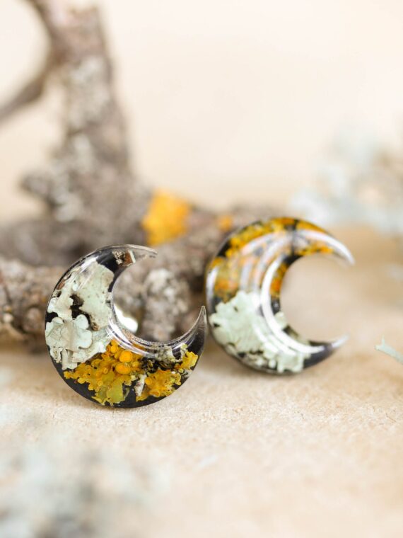 Moon Earrings Studs Inspired by Woodland with Real Lichen