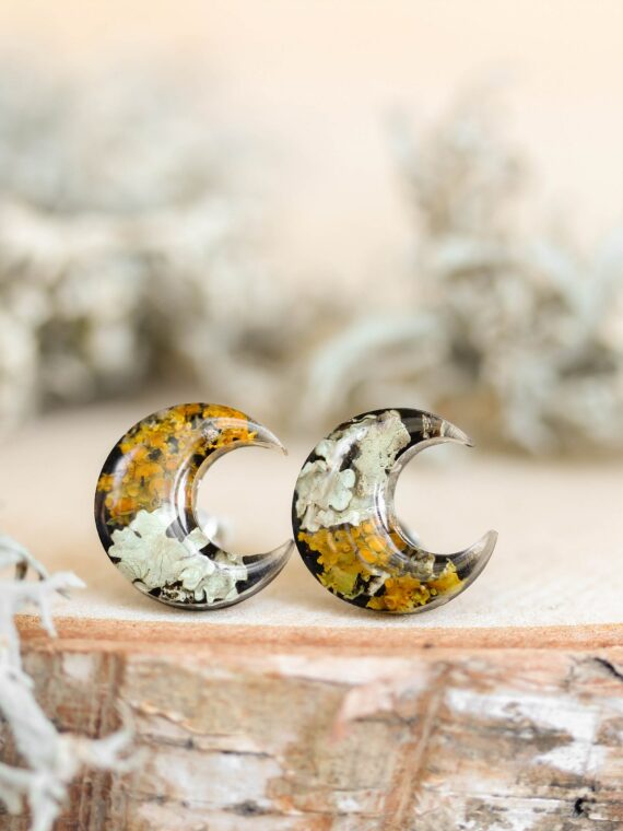 Moon Earrings Studs Inspired by Woodland with Real Lichen