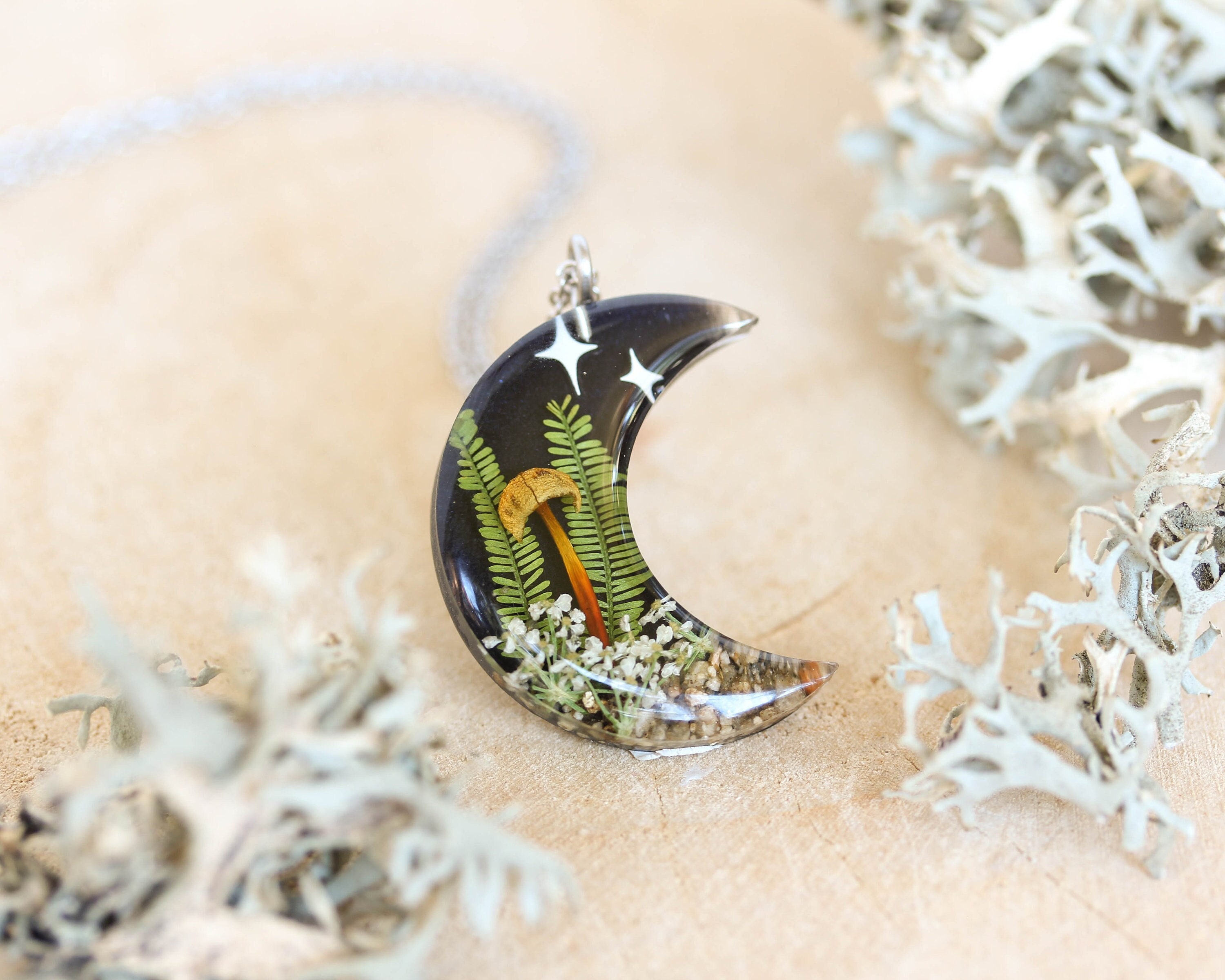 Crescent Moon Necklace with Mushroom in Resin - Mystical Jewelry