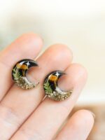 Mystic Crescent Moon Earrings Stud with Real Mushroom and Stars
