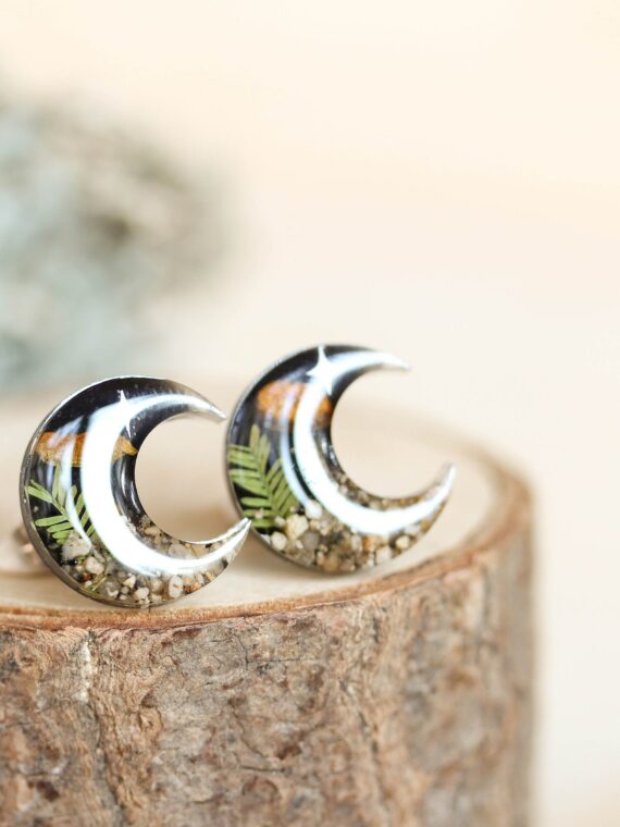 Mystic Crescent Moon Earrings Stud with Real Mushroom and Stars