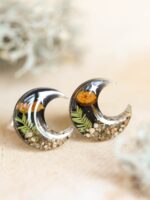 Mystic Crescent Moon Earrings Stud with Real Mushroom and Stars