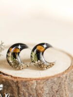 Mystic Crescent Moon Earrings Stud with Real Mushroom and Stars