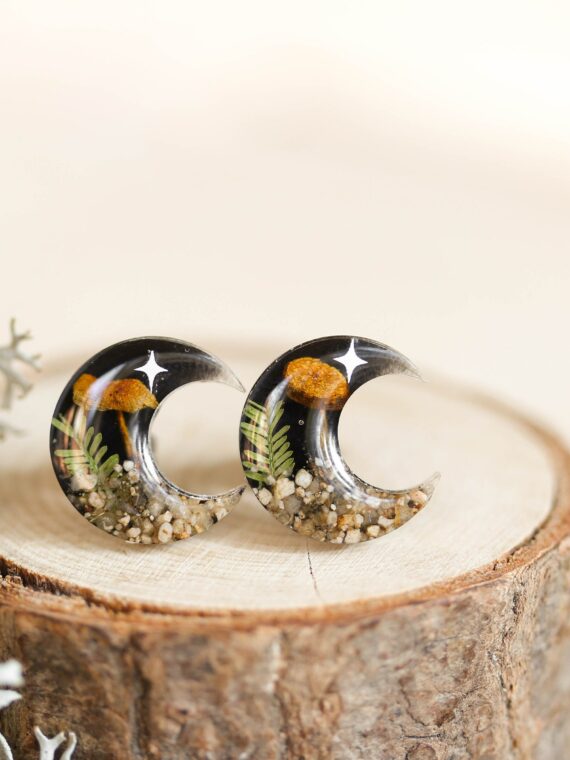 Mystic Crescent Moon Earrings Stud with Real Mushroom and Stars