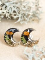 Mystic Crescent Moon Earrings Stud with Real Mushroom and Stars