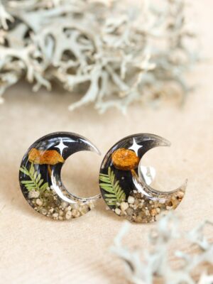 Mystic Crescent Moon Earrings Stud with Real Mushroom and Stars
