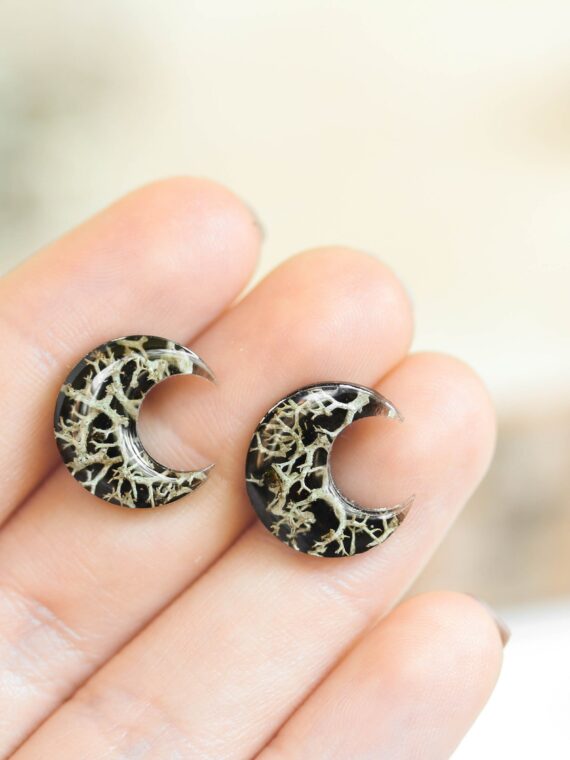 Cottagecore Moon Earrings Stud with Real Lichen in Resin