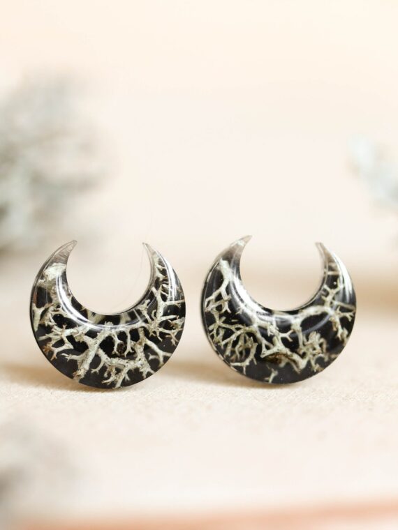 Cottagecore Moon Earrings Stud with Real Lichen in Resin