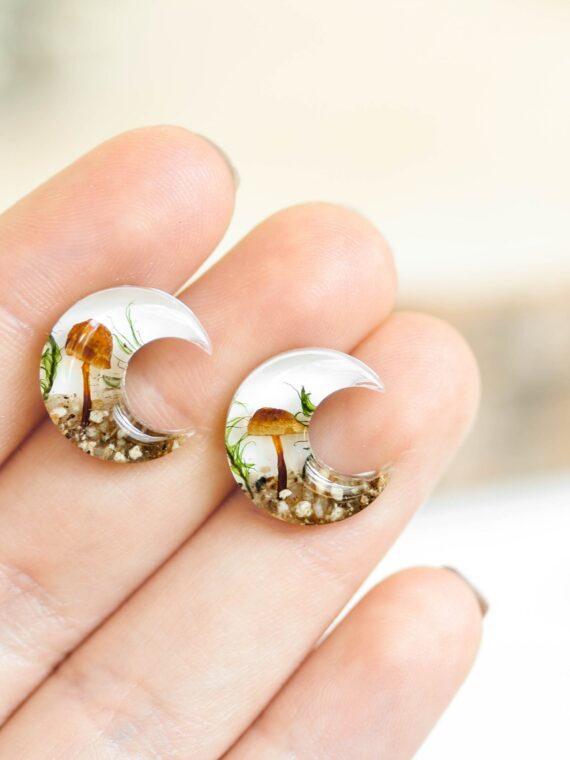 Crescent Moon Earrings Stud with Real Mushroom Inspired by Forest