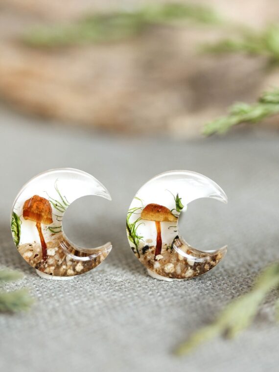 Crescent Moon Earrings Stud with Real Mushroom Inspired by Forest