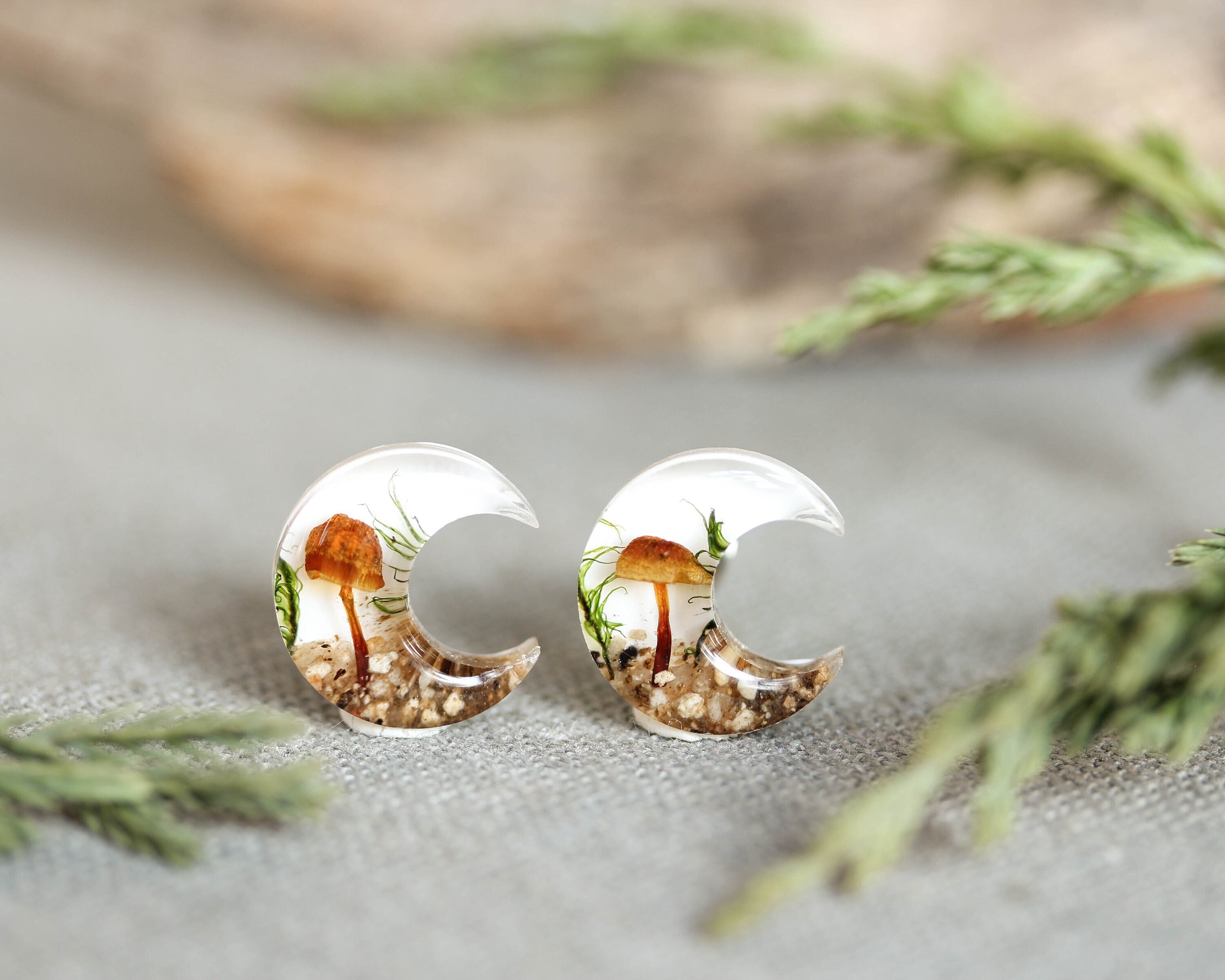 Crescent Moon Earrings Stud with Real Mushroom Inspired by Forest