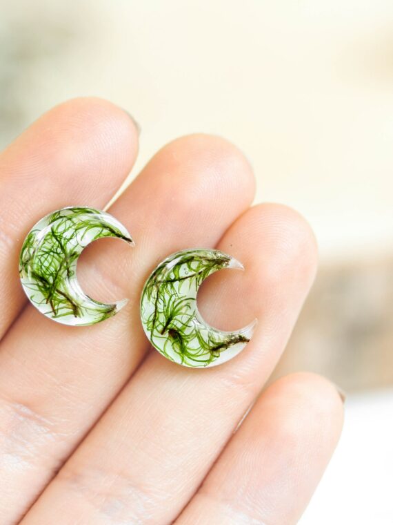 Eco Friendly Resin Earrings - Botanical Moon Jewelry with Moss