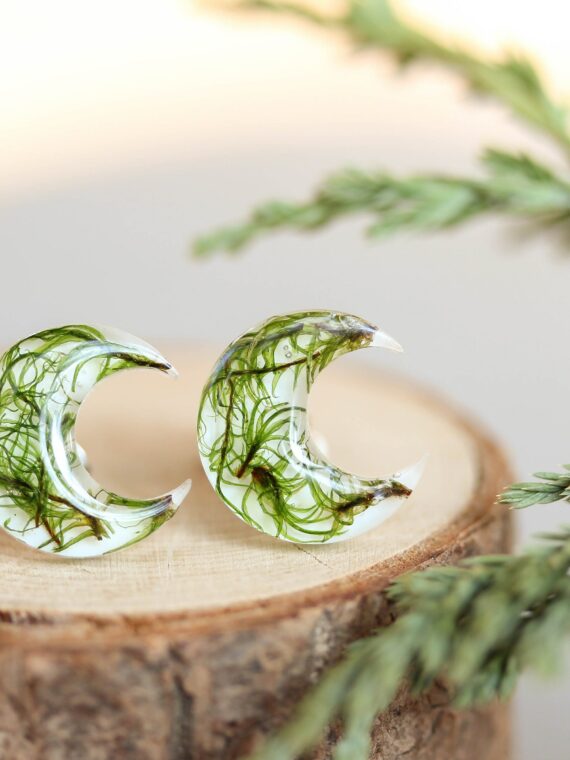 Eco Friendly Resin Earrings - Botanical Moon Jewelry with Moss