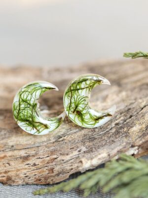 Eco Friendly Resin Earrings - Botanical Moon Jewelry with Moss