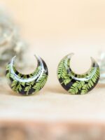Small Moon Earrings Stud - Botanical Jewelry with Pressed Leaf
