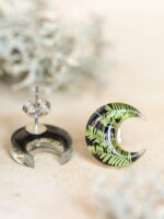 Small Moon Earrings Stud - Botanical Jewelry with Pressed Leaf