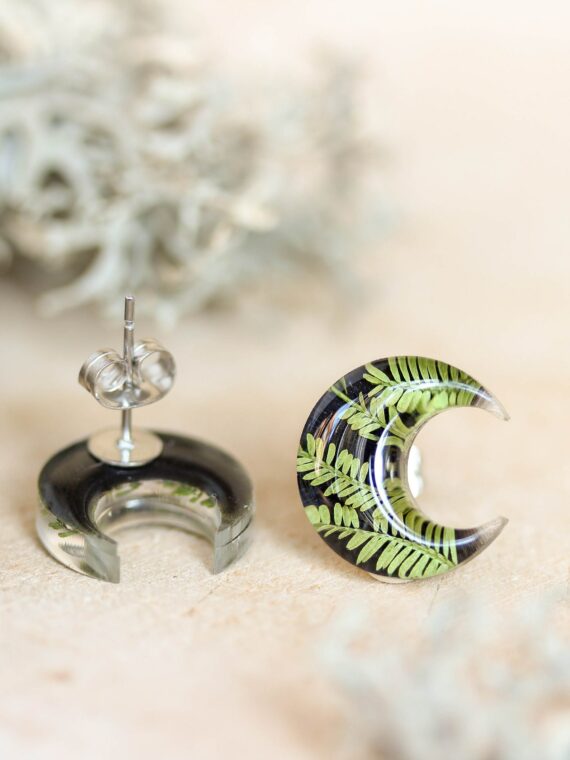 Small Moon Earrings Stud - Botanical Jewelry with Pressed Leaf