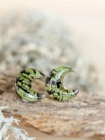 Small Moon Earrings Stud - Botanical Jewelry with Pressed Leaf