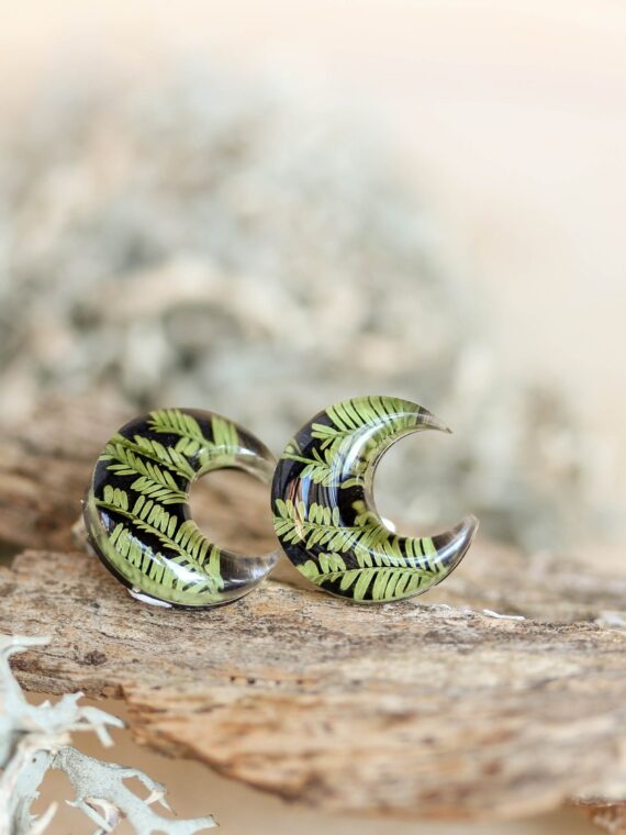 Small Moon Earrings Stud - Botanical Jewelry with Pressed Leaf
