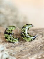 Small Moon Earrings Stud - Botanical Jewelry with Pressed Leaf