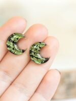 Small Moon Earrings Stud - Botanical Jewelry with Pressed Leaf