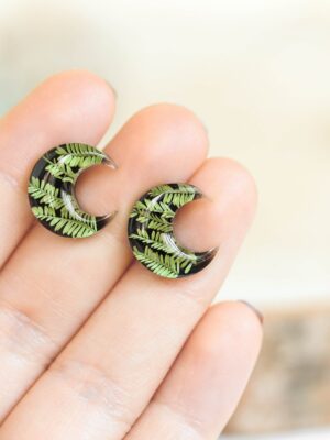 Small Moon Earrings Stud - Botanical Jewelry with Pressed Leaf