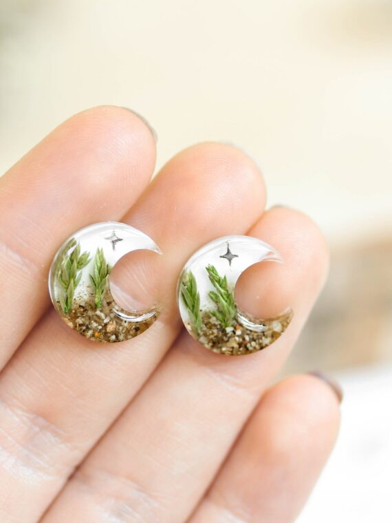 Forest Inspired Earrings with Pine Tree and Stars - Moon Jewelry