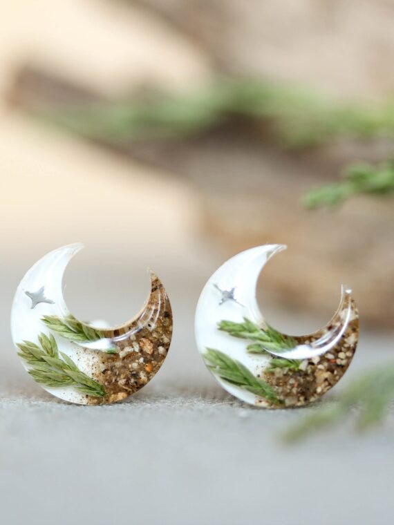 Forest Inspired Earrings with Pine Tree and Stars - Moon Jewelry