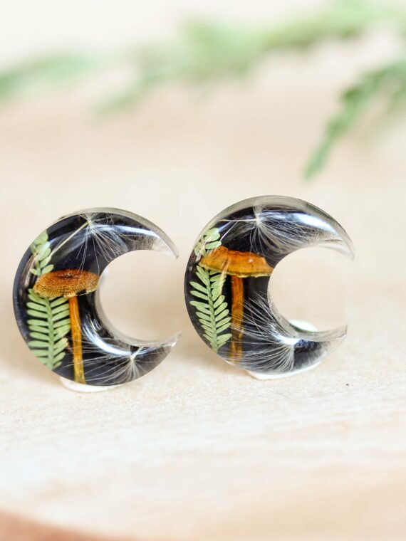 Cottagecore Earrings Hypoallergenic with real Mushroom and Plant