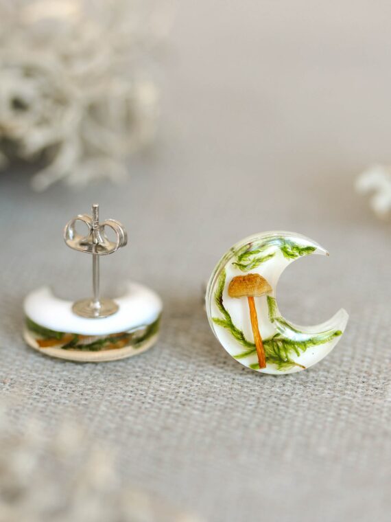Botanical Earrings with Real Mushroom and Green Moss – Moon Jewelry