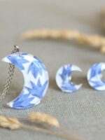 Floral Crescent Moon Necklace – Real Blue Flower Petals in Resin