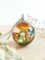 Terrarium Mushroom Necklace with Wildflower and Butterfly
