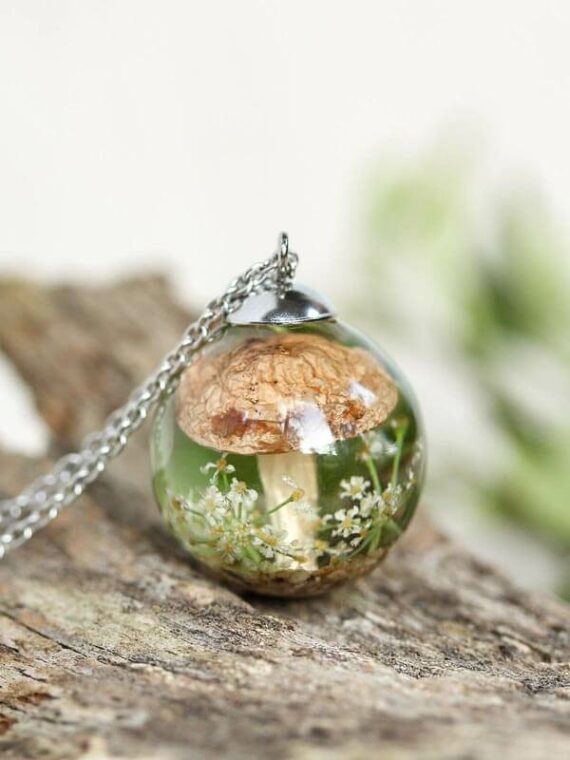Mushroom Terrarium Necklace with Real Flower and Leaf in Resin