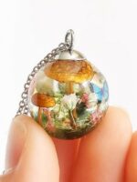 Terrarium Mushroom Necklace with Wildflower and Butterfly