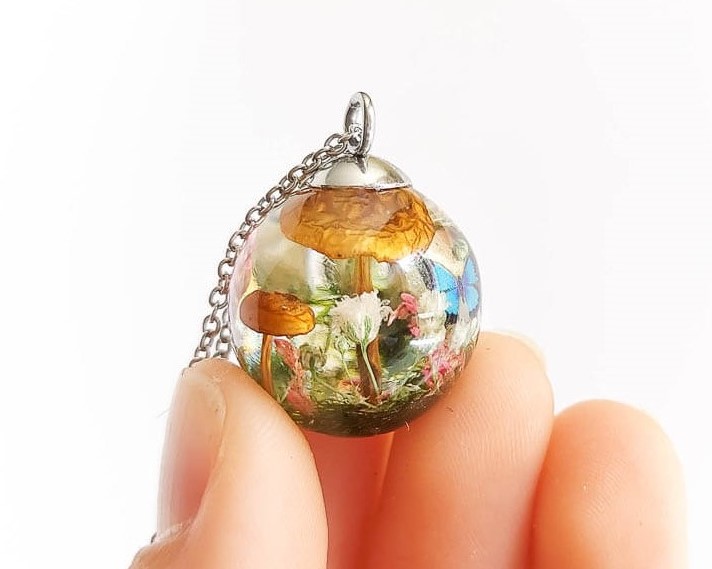 Terrarium Mushroom Necklace with Wildflower and Butterfly