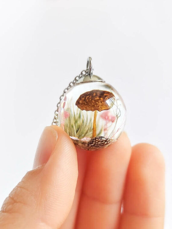 Real Mushroom Pendant in Crystal Clear Resin with Thistle Flower
