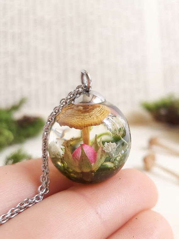 Real Fungi Necklace with Tiny Rose – Terrarium Resin Necklace