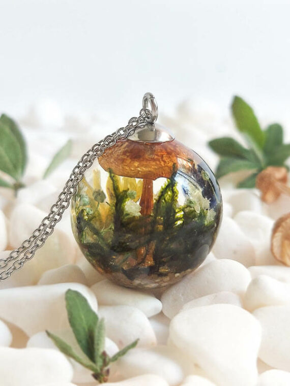 Dried Mushroom Garden Necklace with Wildflowers in Resin