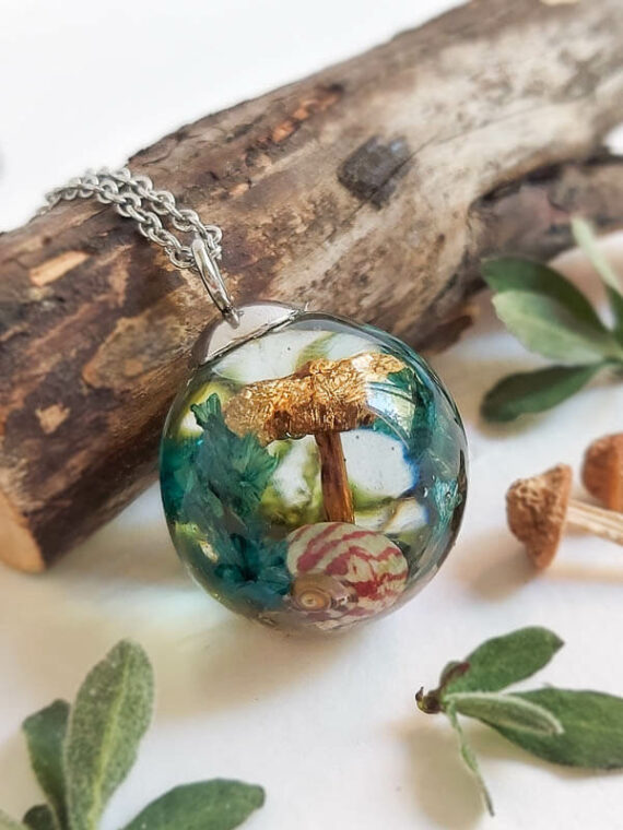 Magic Mushroom Necklace with Blue Flower Necklace in Resin