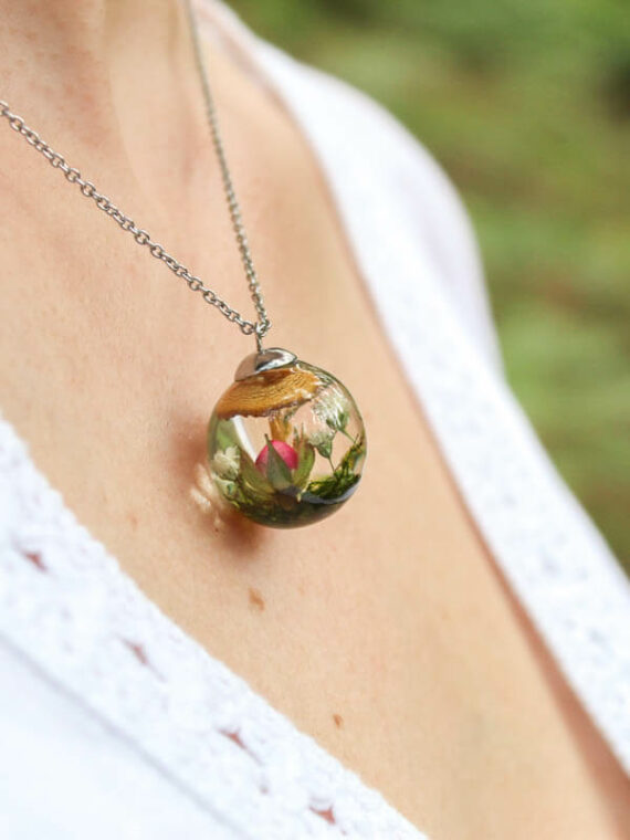 Real Fungi Necklace with Tiny Rose – Terrarium Resin Necklace
