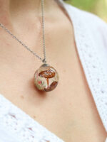 Real Mushroom Pendant in Crystal Clear Resin with Thistle Flower