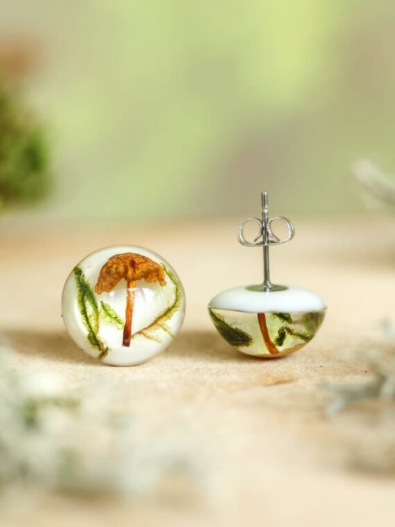 Mushroom Lover Earrings Stud with Real Plants – Botanical Jewelry