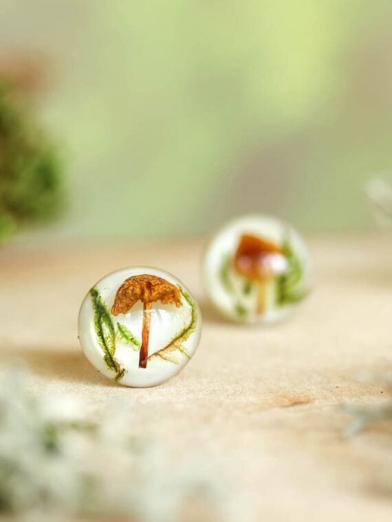 Mushroom Lover Earrings Stud with Real Plants – Botanical Jewelry