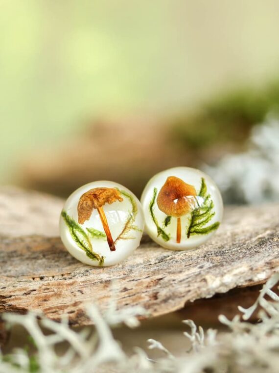 Mushroom Lover Earrings Stud with Real Plants – Botanical Jewelry