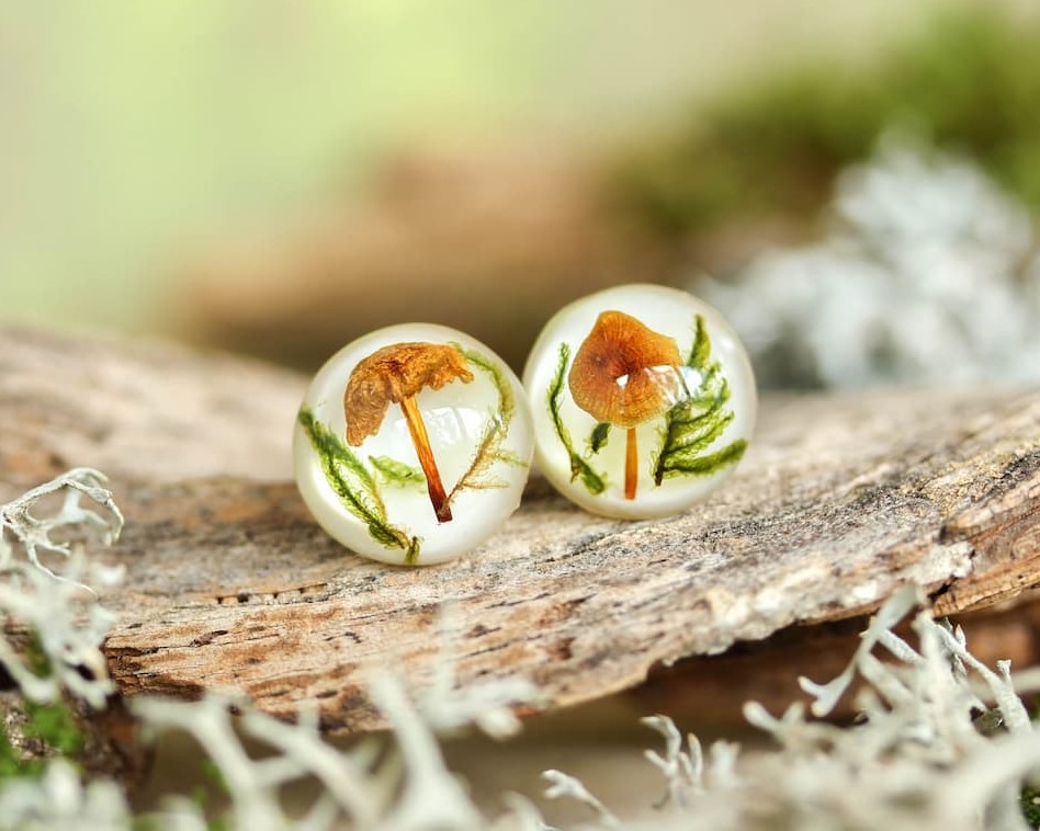 Nature Inspired Earrings Studs with Real Mushroom – Gift for Her