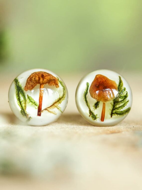 Mushroom Lover Earrings Stud with Real Plants – Botanical Jewelry