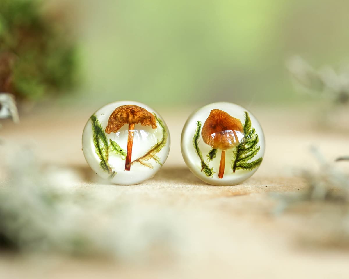 Mushroom Lover Earrings Stud with Real Plants – Botanical Jewelry