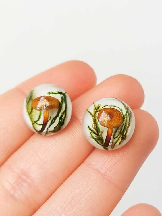 Handmade Forest Earrings Studs with Real Mushrooms and Plants