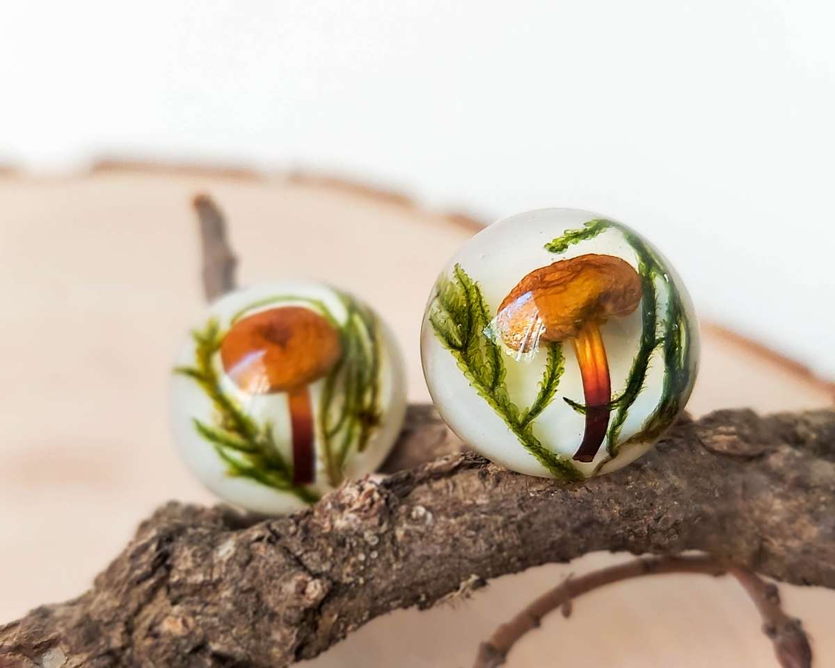Handmade Forest Earrings Studs with Real Mushrooms and Plants